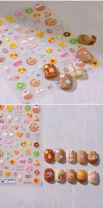 Detailed 3D embossed nail stickers featuring colorful cookie and pizza patterns