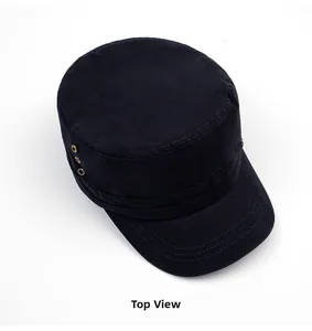 Top view of a black flat top military cap showing round crown and stitched seams
