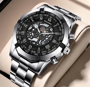 Montre mécanique automatique homme avec bracelet acier inoxydable et cadran squelette