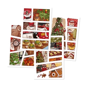Detail von handgezeichneten Weihnachtsstickern mit Schneemann- und Lebkuchenmann-Motiven
