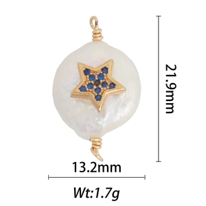 Detail of baroque pearl pendant with blue zircon star inlay and dimensions 21.9x13.2mm