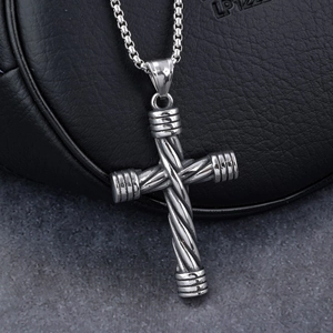 Men's stainless steel necklace featuring a vintage spiral textured cross pendant