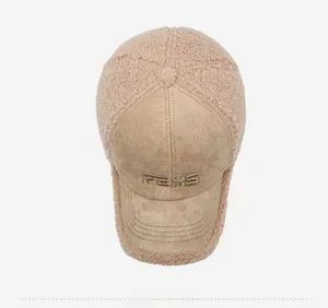 Detailed top view of a lamb wool baseball cap with contrast suede and FBXS embroidery