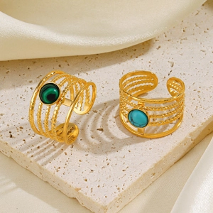 Adjustable golden stainless steel multi-layer ring with green natural stone inlays