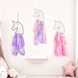 Dreamy Unicorn Dream Catcher Handmade Feather Braided Wire Wall Hanging Decoration For Kids Room Bedroom Home Decor