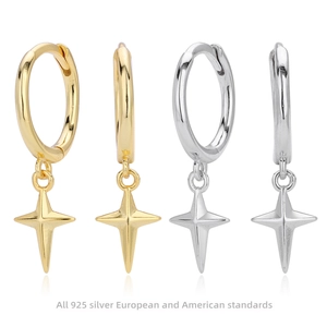 Minimalist 925 Sterling Silver Four-pointed Star Hoop Pendant Earrings Genuine Silver Gold Plated North Star Dangle Earrings for Women Niche Jewelry Gift