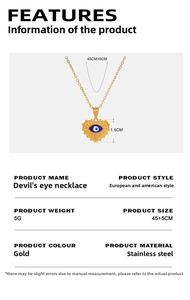 Detailed size specifications for a gold stainless steel heart-shaped evil eye necklace