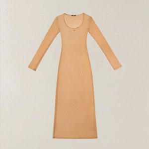 Slim fit ribbed knit long sleeve maxi dress in light camel earth tone, minimalist style