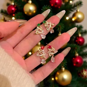 Christmas Tree Dangle Earrings With 925 Sterling Silver Earring Post Alloy Rhinestone Artificial Pearl Teardrop Zircon Holiday Women