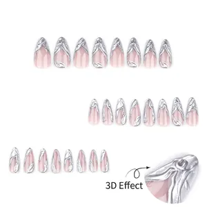French style 3D silver almond press-on nails with metallic fluid textures on nude pink base