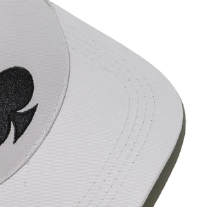 Macro detail of light gray baseball cap showing precise stitching and fine twill fabric texture