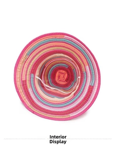 Interior view of colorful striped beach hat showing inner lining and white adjustable strap
