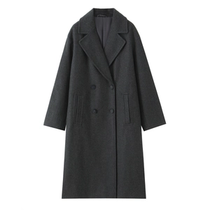 Women's dark grey mid-length double-breasted wool coat with notch lapels and side pockets