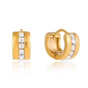 Gold huggie hoop earrings with square zircon stones shown in dual-view product shot