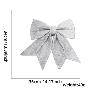 Silver glitter Christmas bow ornament detail with 36x34cm dimensions and 49g weight