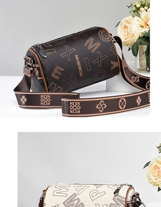 Detail of Boston bags in brown and white PU leather with patterned wide shoulder straps
