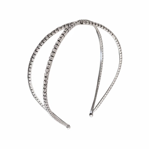 Silver double-layer crisscross headband with sparkling rhinestones on a metal frame