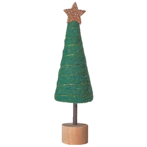 Miniature green felt Christmas tree with gold star and natural round wood base decor