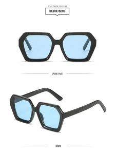 Detail view of black geometric oversized sunglasses with light blue translucent lenses