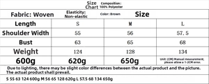 Size chart for brown retro faux fur jacket showing dimensions for S, M, and L sizes