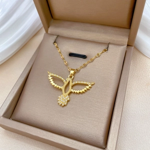 Titanium steel hollow owl necklace with crystals in a luxury beige jewelry gift box