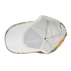 Detail of baseball cap interior showing white mesh lining, wash label and metal buckle