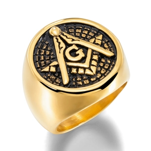 Men's gold-plated Masonic signet ring with black enamel background and polished steel finish