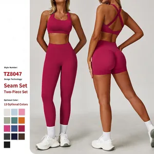 Set da Yoga da Donna Effetto Nuvola Asciugatura Rapida 2 Pezzi Ammortizzante Vita Alta Push Up Reggiseno Sportivo e Leggings Pantaloncini Tuta Fitness