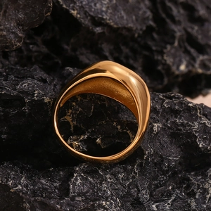 Detailed macro view of 18K gold-plated stainless steel ring on black rock surface