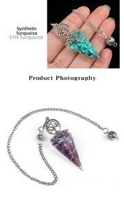 Macro detail of tree of life resin cone pendulums with turquoise and purple crystals