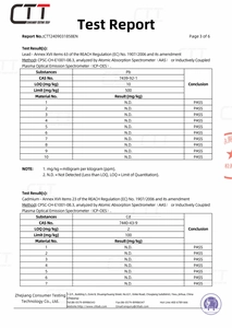 REACH compliance test report showing Lead and Cadmium PASS results for stainless jewelry