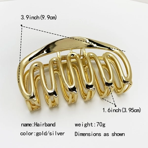Detailed view of a gold minimalist metal hair claw clip with size and weight dimensions