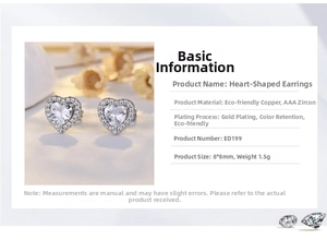 Detailed close-up of heart-shaped earrings with micro-set AAA zircons and gold plating