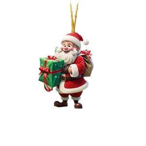 3D cartoon Santa Claus acrylic pendant with red gift bag and gold hanging string