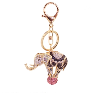 Sparkling crystal elephant keychain with pink rhinestone ball on golden metal ring