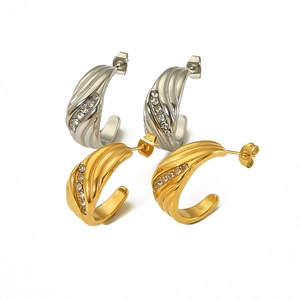 Polished C-shape stainless steel earrings with sparkling zircon crystals in gold and silver