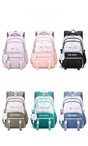 Detailed grid view of cute student backpacks in six pastel colors with plush charms