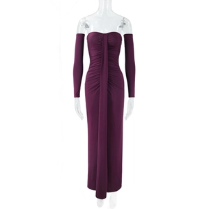 Detail of deep purple bodycon dress with ruched drawstring and matching long sleeves