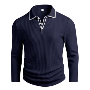 Detail of navy blue ribbed knit polo shirt featuring white contrast stripes on collar and cuffs