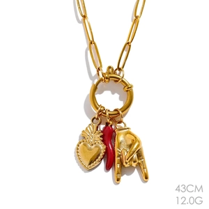 Detailed view of gold chain necklace with red horn and heart charm, 43cm and 12g size spec