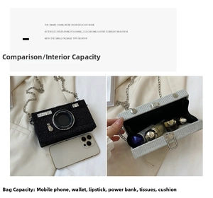 Detail of creative camera-shaped clutch bag showing silver snake chain and interior capacity