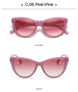 Flat and front views of pink cat-eye sunglasses with gradient lenses and transparent frames