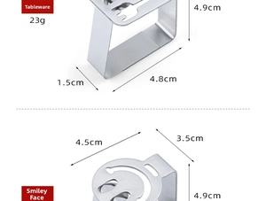 Detail showing leaf-shaped stainless steel tablecloth clips with size measurements