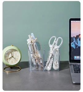Transparent acrylic desk organizer with compartments for pens, glasses and office supplies