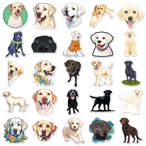 Detail view of 25 unique Labrador dog stickers in various poses for laptop and luggage