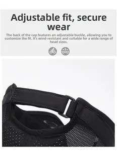 Detail view of adjustable plastic buckle and breathable mesh texture on the black sports cap