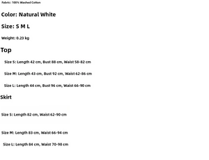 Detailed size chart for white lace top and skirt set showing measurements in centimeters