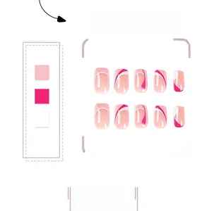 Detail of pink and white French press-on nails with deep pink wavy lines on square tips