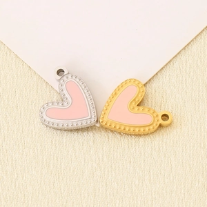 Heart Charms Stainless Steel Pink Enamel Pendants With Beaded Edge For DIY Jewelry Making Bracelet Necklace Accessories