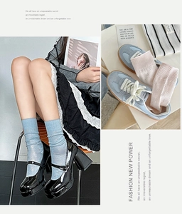 Detail of light blue and pink star hollowed-out mesh socks with Mary Jane shoes